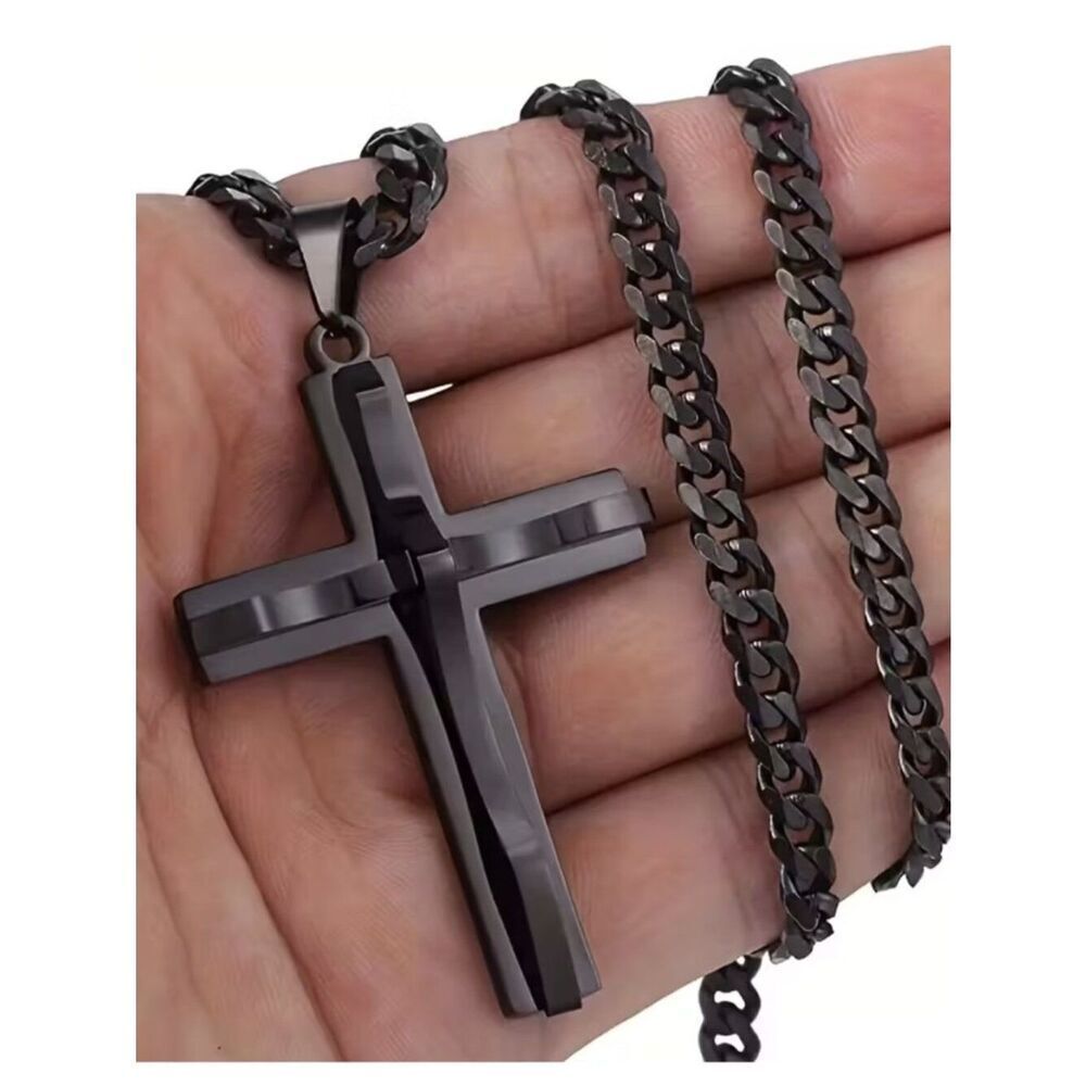 NWT Black Stainless Steel Double Layer Cross Pendant Curb Cuban Chain Necklace